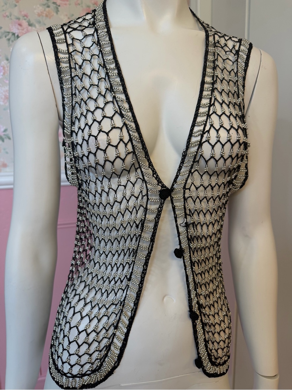 American Vintage Black and Silver Beaded Sheer Net Vest